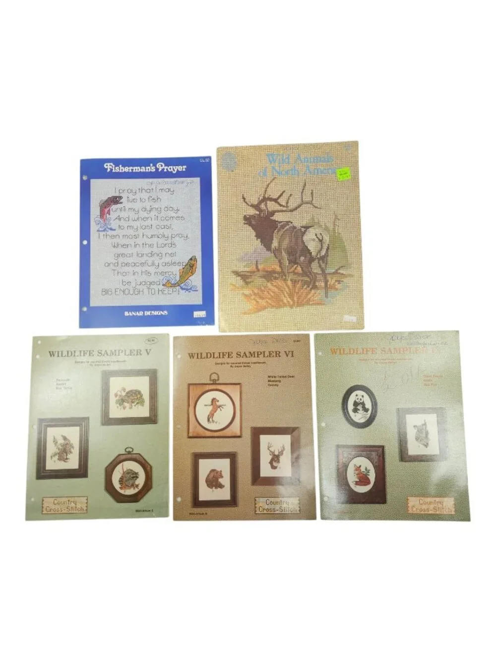 Cross Stitch Booklet Vintage Lot Of 5 Wildlife Sampler Fisherman Prayer Patterns